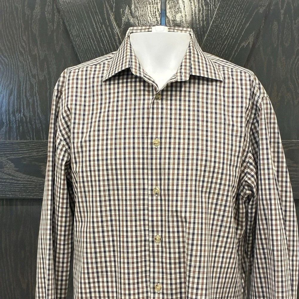 Jos A Bank Reserve No Wrinkles Button Up Shirt Mens L Brown Plaid Tailored Fit
